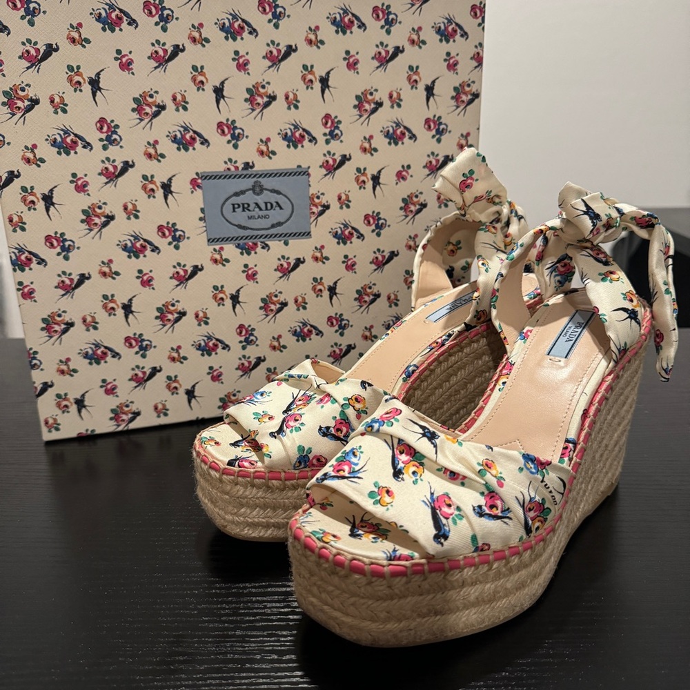 Prada Women's Floral Wedge Sandals - Beige